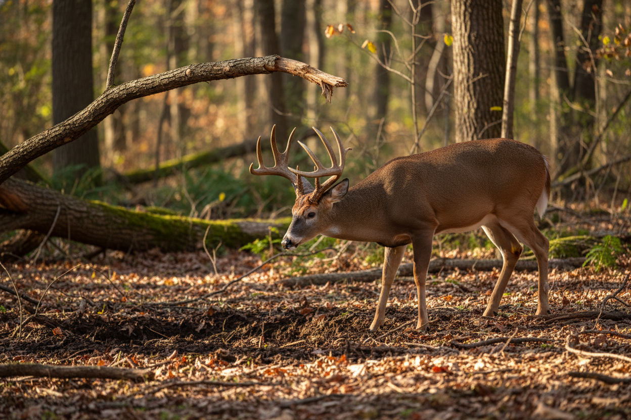 Whitetail buck in the woods on a mock scrape